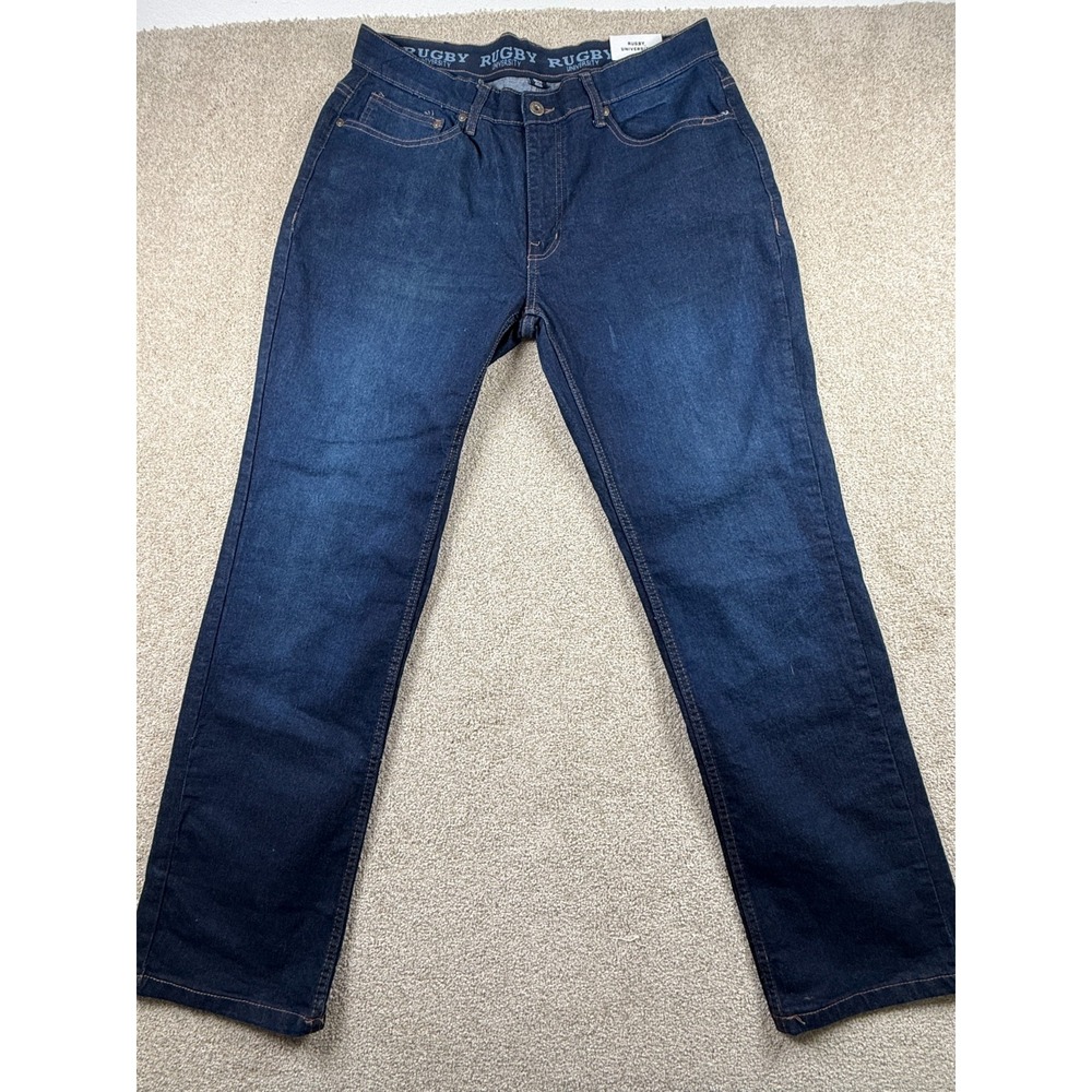Rugby University Slim Fit Jeans Mens 36x32 Blue Denim Logo Stretch Straight Leg
